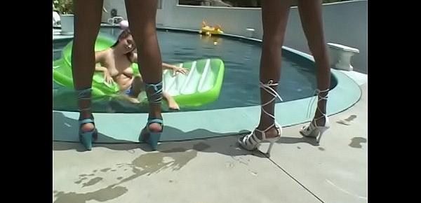  Couple of white babes loves to have a sex with naughty black girlfriend near by the pool